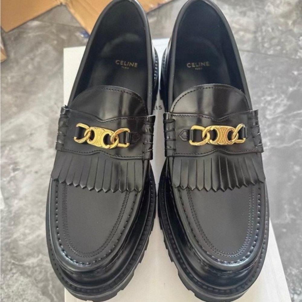 Celine Glossy Black Loafers with Gold Chain
